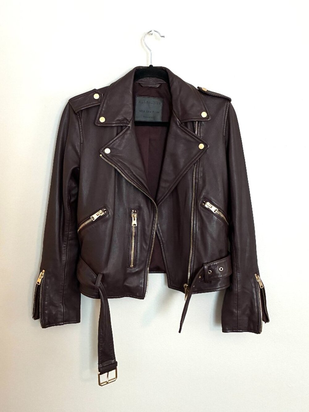 All Saints - Balfern Leather Biker Jacket, Oxblood/Gold